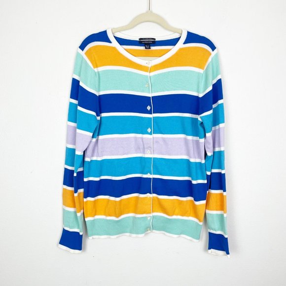 Lands' End Women's‎ M TALL Purple Orange Striped Button Up Cotton Cardigan - Picture 1 of 9